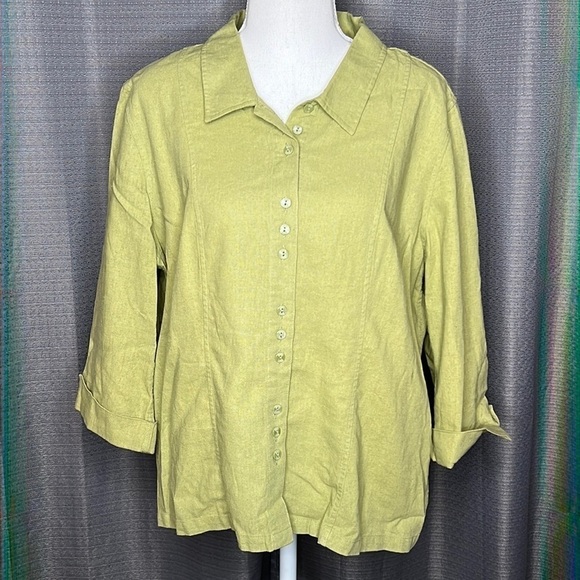 CHRISTOPHER & BANKS XL GREEN LINEN BUTTON UP BLOUSE - Picture 1 of 8